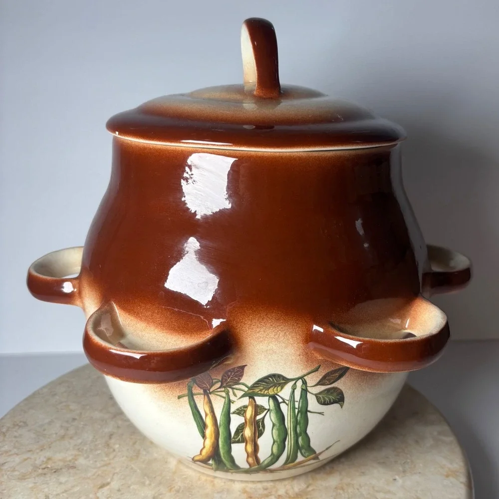 Vintage Ceramic Vegetable Soup Tureen Lidded Bean Pot Brown Cream 6-Handle Large